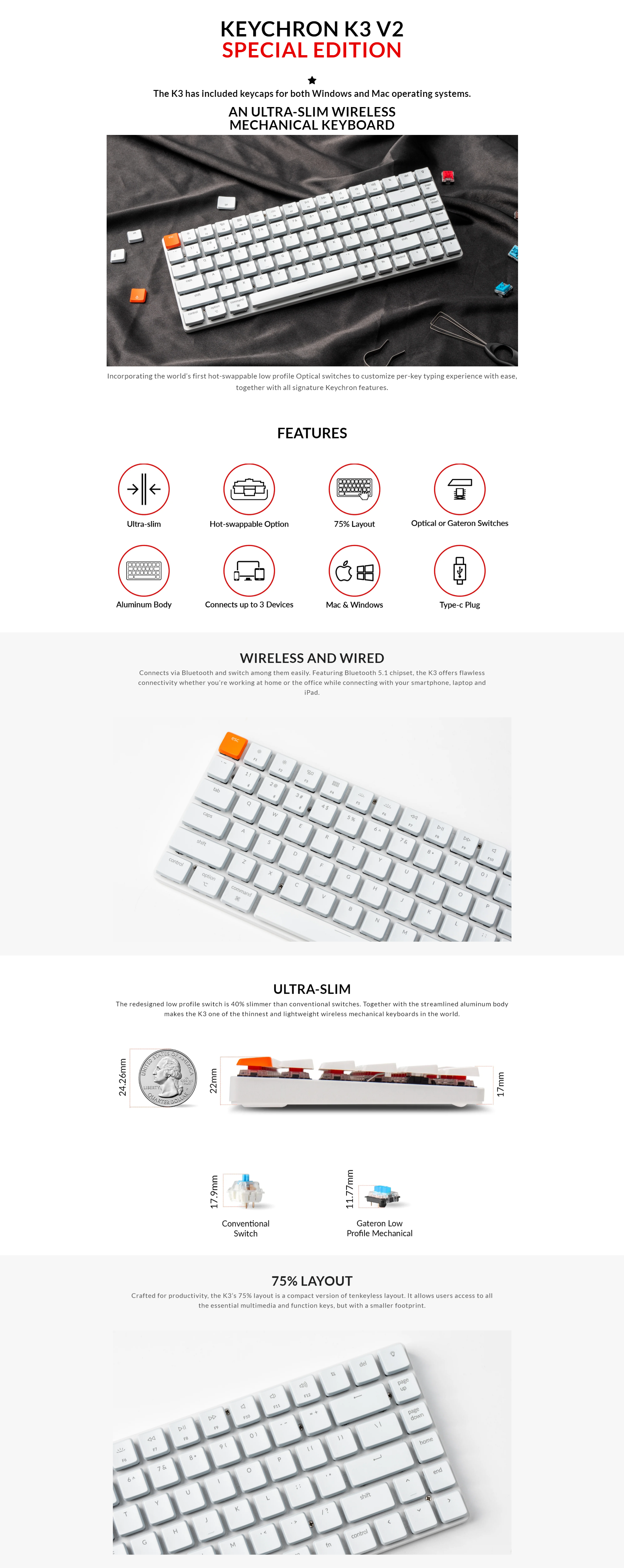 A large marketing image providing additional information about the product Keychron K3 V2 RGB Low Profile Hot-Swappable 75% Wireless Mechanical Keyboard - White (Red Switch) - Additional alt info not provided
